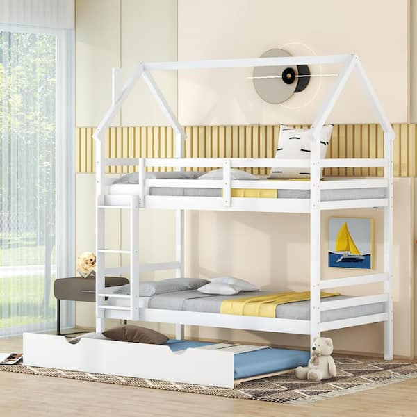 URTR White Twin Over Twin House Bunk Bed with Trundle, Wood Bunk Bed Frame with Chimney Design for Kids Girls Boys