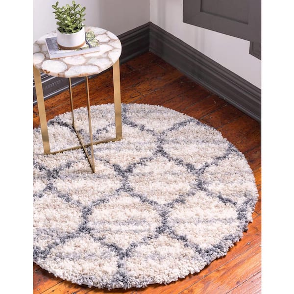 Hygge Shag Trellis Beige 3 ft. 3 in. x 3 ft. 3 in. Round Rug