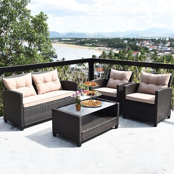 4-Piece Wicker Patio Conversation Set with Beige Cushions