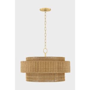 Danica 24 in. 4 Light Aged Brass Finish Pendant Light with Light Natural Wicker Shade