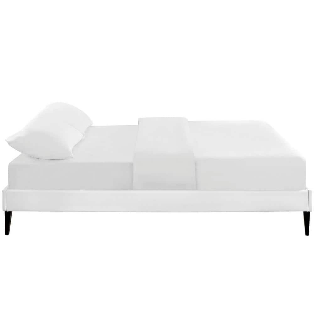 Sleek White Queen Platform Bed with Faux Leather Upholstery