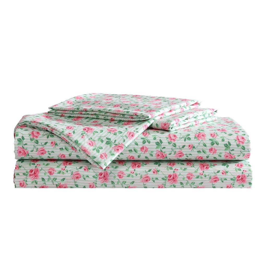 BETSEY JOHNSON Flower Fun 3 Piece Green/Pink Microfiber Twin XL Sheet Set