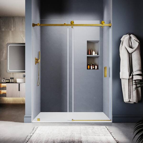 UNIKOO UKS05 50 to 55 in. W x 80 in. H Sliding Frameless Shower Door in Satin Brass, EnduroShield 3/8 in. SGCC Clear Glass
