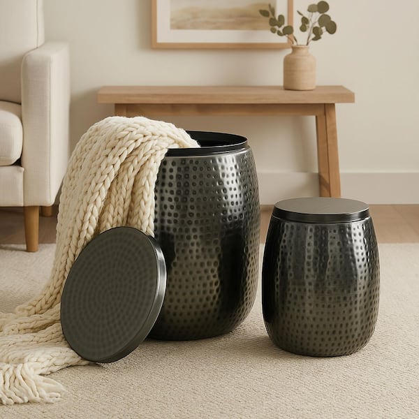 Merida 16.5 in. Modern Rustic 2-Piece Hammered Round Metal Drum Storage Side Tables with Lids, Antique Nickel