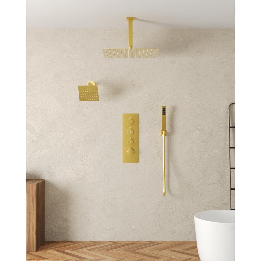 Gold Stainless Steel Dual Shower Head System with Thermostatic Valve