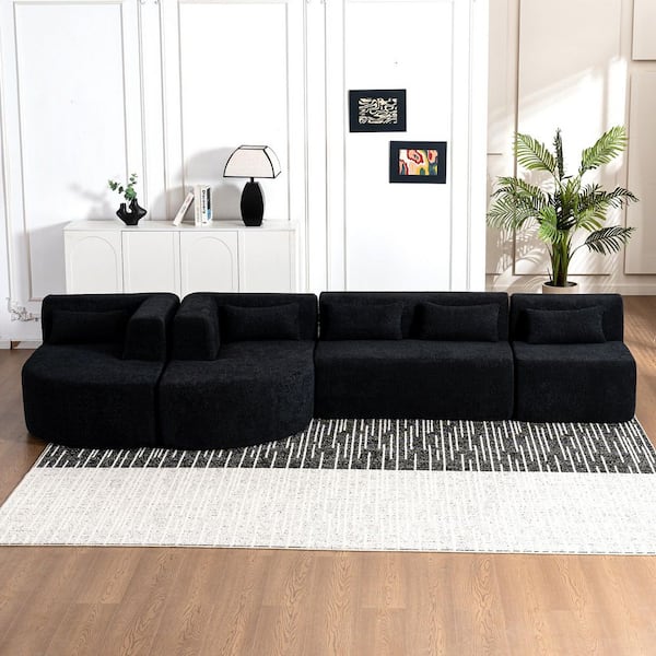 57.5 in. Boucle Fabric Free-Combined Sectional Sofa in. Black with 5 Pillows
