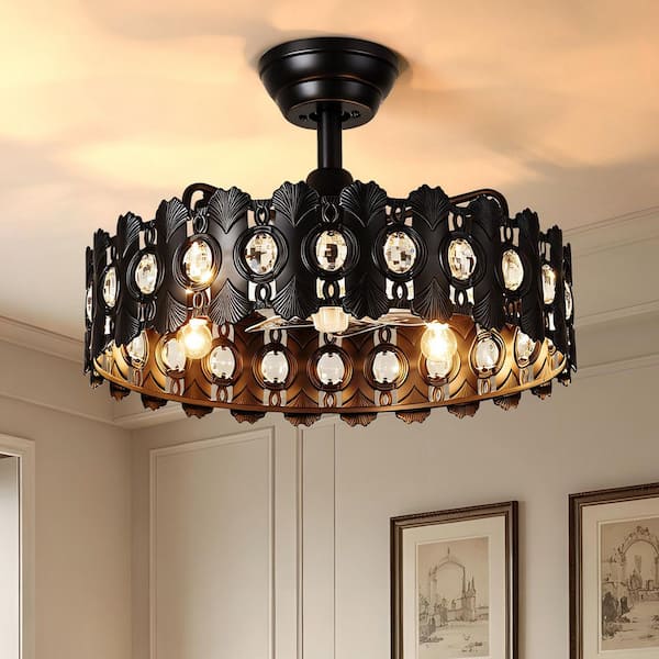 17.72 in. Farmhouse Black Downrod Mount Ceiling Fan with Light Rustic Fandelier with Remote Reversible Fan Blades