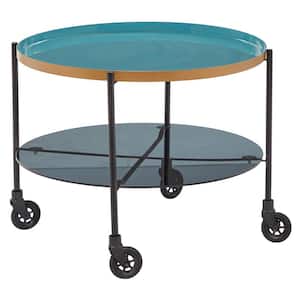 26 in. x 19 in. Round Black Metal Wheeled Coffee Table with Teal Enamel Tray Top and Tinted Glass Shelf