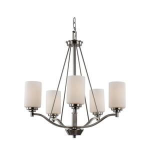 Mod Pod 5-Light Brushed Nickel Chandelier for Dining Room with Frosted Glass Cylinder Shades