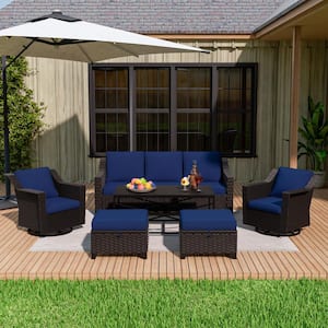 6-Piece Wicker Swivel Rocking Chairs Outdoor Patio Conversation Set with Beige Cushions and Coffee Table