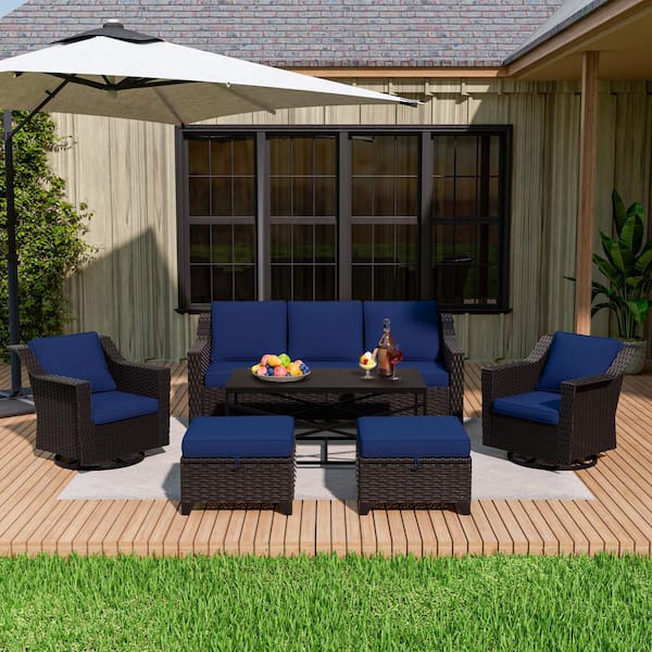 MeetLeisure 6-Piece Wicker Swivel Rocking Chairs Outdoor Patio Conversation Set with Beige Cushions and Coffee Table