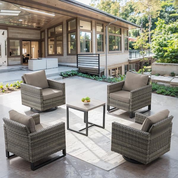 Flat Armrest Series 5-Pieces Gray Wicker Outdoor Conversation Set with Coffee Table and Cushion Guard Gray Cushions