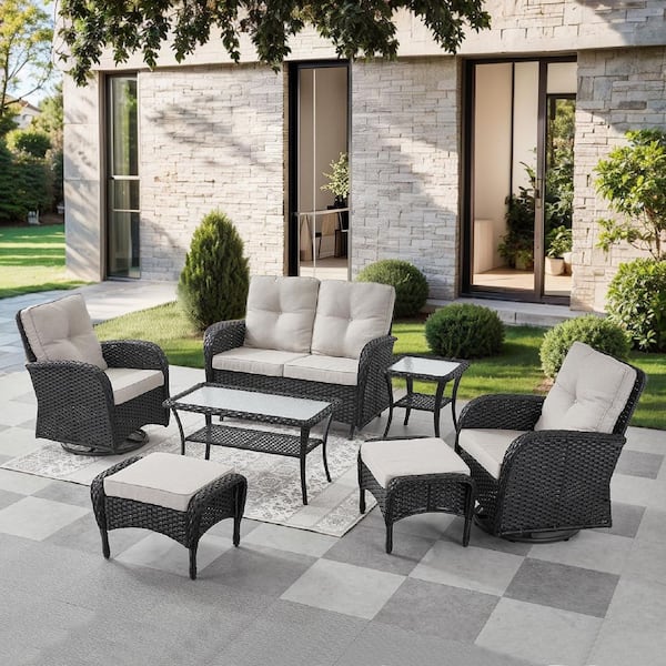 SleekArm 7-Piece Black Wicker Patio Conversation Set with Olefin Beige Cushion/Glider Loveseat with Patio Swivel Chairs