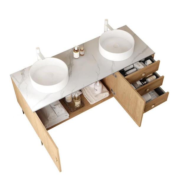 60 in. Double Sink Freestanding Plywood White Bath Vanity with White Ceramic Top (Assembled), 5 Metal Legs