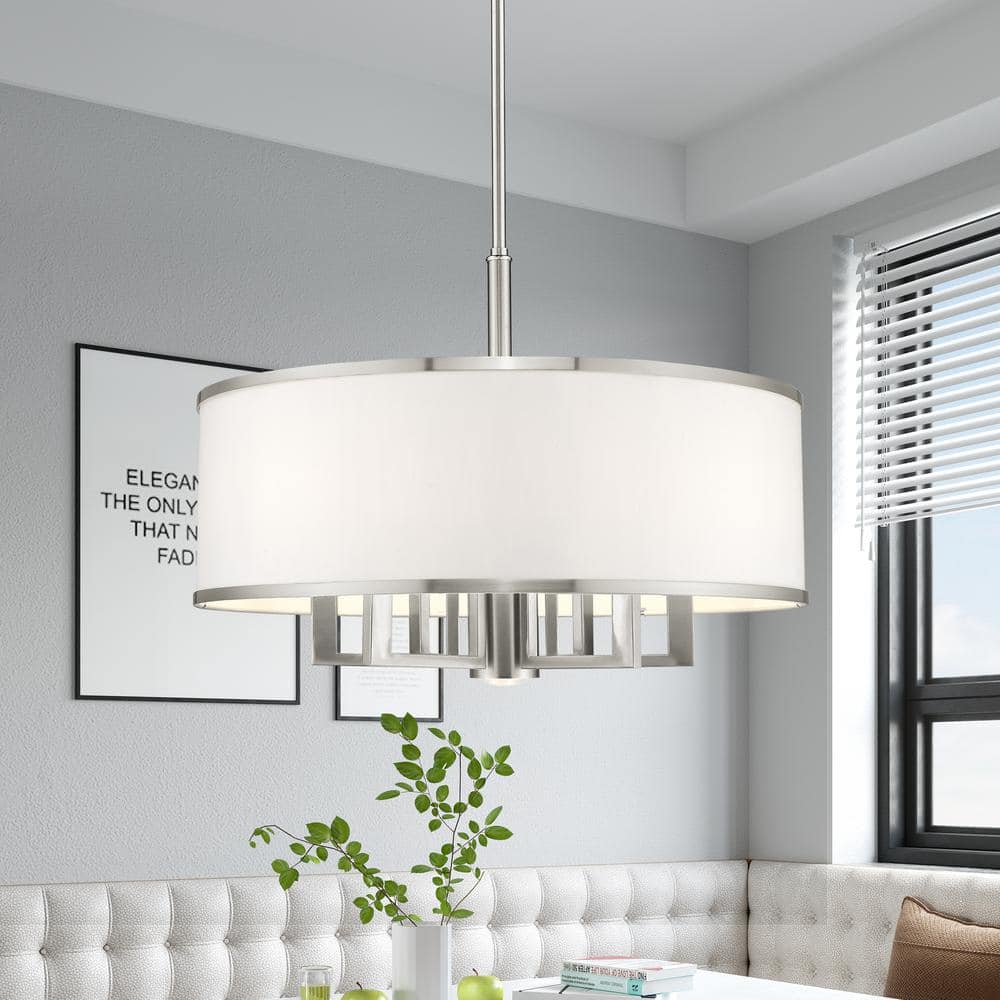 Brushed Nickel 6-Light Drum Chandelier with Off-White Fabric Shade