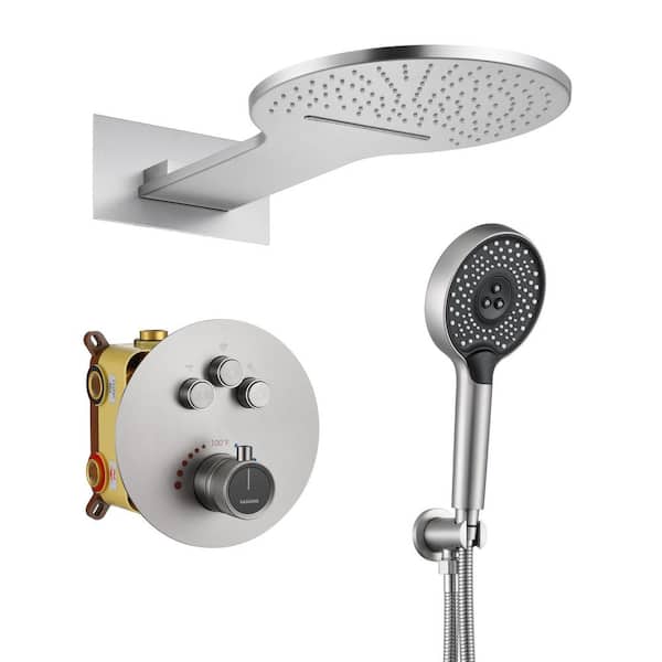 Boyel Living 3-Spray 12 in. Thermostatic Dual Shower Head and Handheld Shower Head 2.5 GPM Wall Mount Shower System in Brushed Nickel
