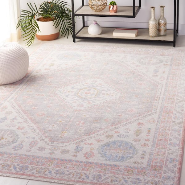 Bayside Ivory/Blue Pink 7 ft. x 9 ft. Machine Washable Traditional Medallion Area Rug