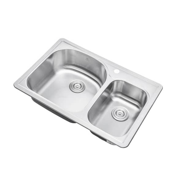 Topmount Drop-In 18G Stainless Steel 33 in. 1-Faucet Hole 70/30 Double Bowl Kitchen Sink with Colander and Strainer