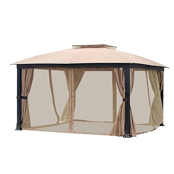 Siavonce 10X10 ft. Soft Top Metal Gazebo with Mosquito Net & Sunshade Curtains, Sturdy Heavy Duty Double Roof Canopy
