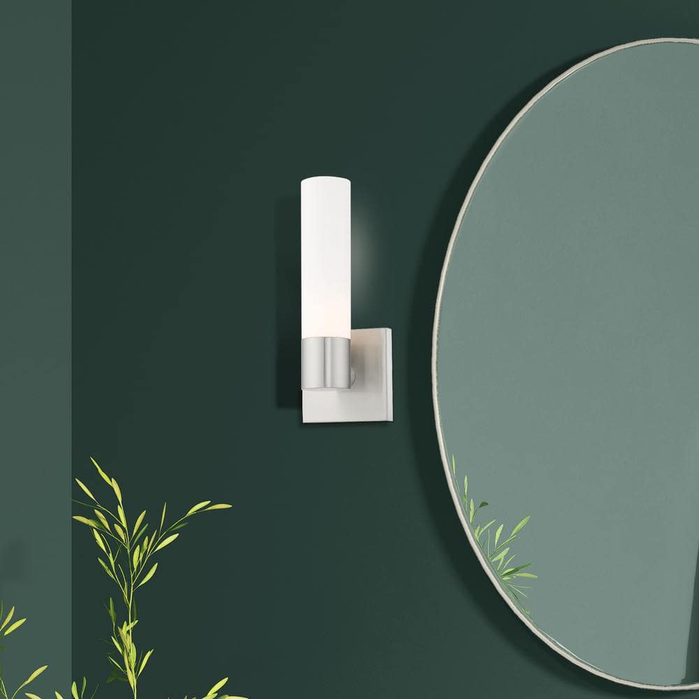Brushed Nickel 11" Chrome Sconce with Etched Opal Glass