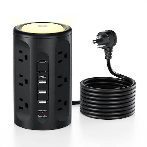 Lukyamzn 12-Outlet Power Strip Tower Surge Protector w/ 10 ft. Extension Cord,3-USB-A and 2-USB-C Ports for Office and Home,Black