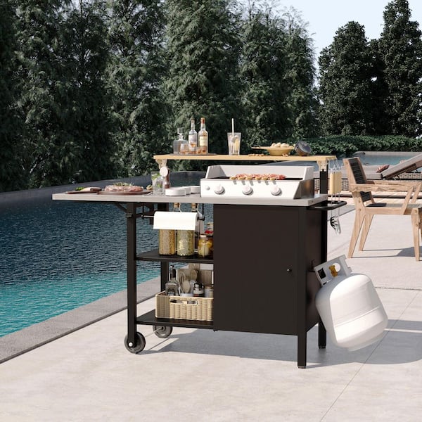 AURA Outdoor Black 4-Shelf Outdoor Multi-functional Grill Cart with Foldable Tabletop and Cabinet Door, Movable Food Prep Table AURA Outdoor Black 4-Shelf Outdoor Multi-functional Grill Cart with Foldable Tabletop and Cabinet Door, Movable Food Prep Table