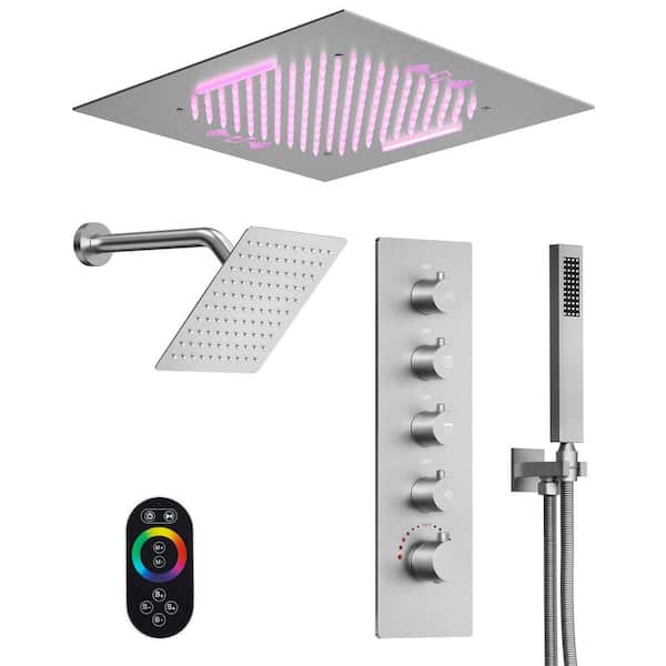 Aurora 20 in. Quintuple Handles 15-Spray Shower Faucet 2.5 GPM with LED Bluetooth Anti Scald Handheld in Brushed Nickel