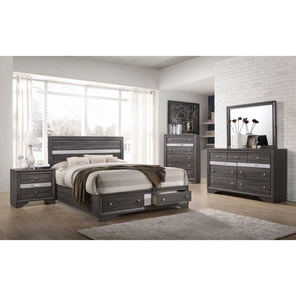 Catherine Full Double Gray Wood Bedframe with Silver Detailing and Drawer Storage