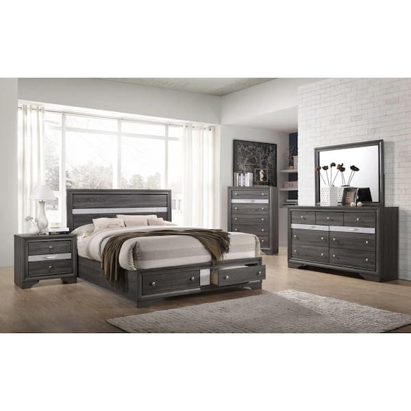 57 in. W Grey Solid Wood Full Platform Bed Frame