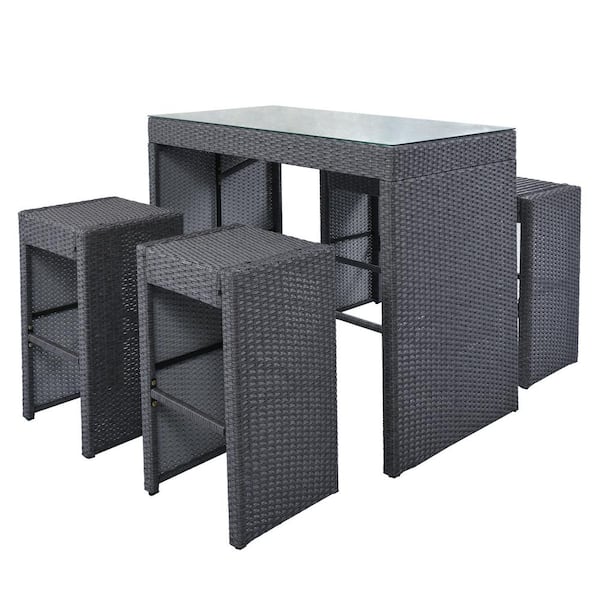 HOTEBIKE 5-Piece Rattan Wicker Outdoor Patio Furniture Set Bar Dining Table Set with 4 Stools, Gray Cushion Plus Gray