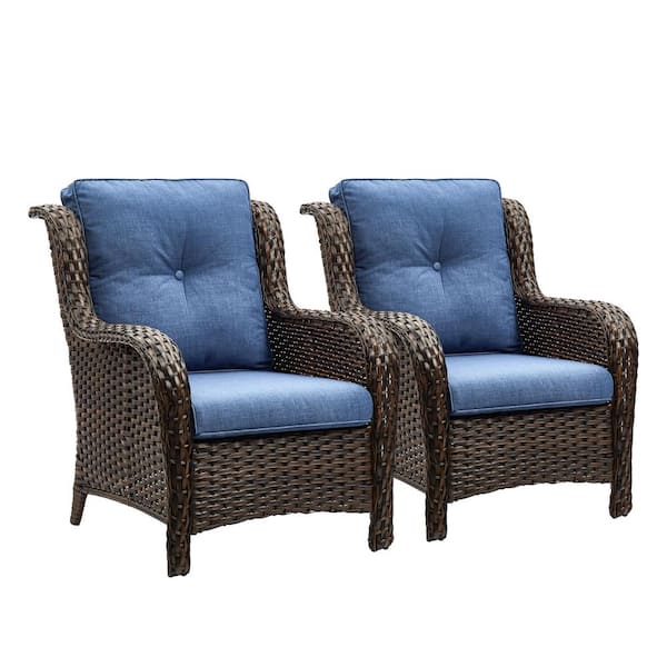 HUMMUH Carolina Brown Wicker Outdoor Lounge Chair with Blue Cushion (2