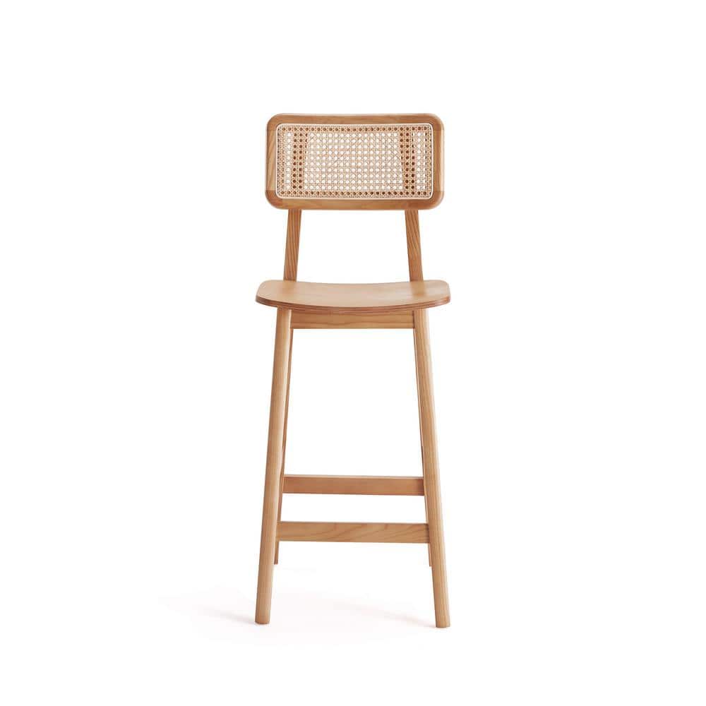 Set of 3 Natural Ash Wood and Cane Counter Stools
