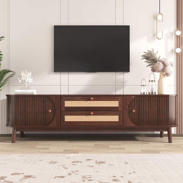 66.93 in. Brown TV Stand Fits TVs up to 75 in. with 2 Drawer and Solid Wood Legs