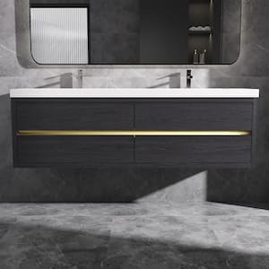 72 in. Wall-Mounted Floating Bath Vanity in Black with Double Solid Surface Sink Top in White