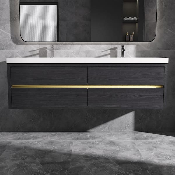 72 in. Wall-Mounted Floating Bath Vanity in Black with Double Solid Surface Sink Top in White