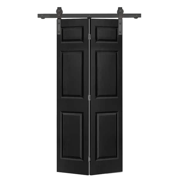 CALHOME 24 in. x 80 in. 6-Panel Black Painted Hollow Core MDF Composite Bi-Fold Barn Door with Sliding Hardware Kit