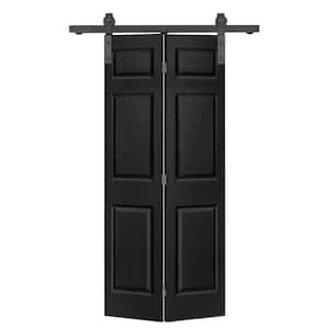 30 in. x 80 in. 6 Panel Black Painted MDF Composite Bi-Fold Barn Door with Sliding Hardware Kit