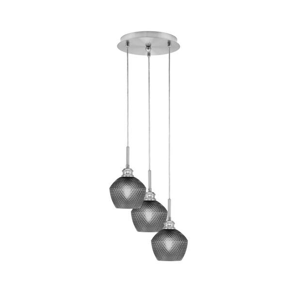 Unbranded Savannah 12.5 in. 3-Light Brushed Nickel Cord Pendant Light Smoke Textured Glass Shade