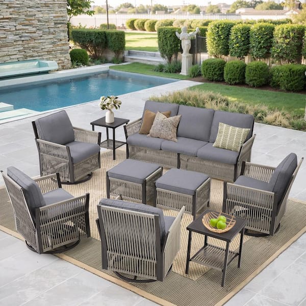 Buenaola Nyajiah 9-Piece Wicker Outdoor Patio Conversation Set with Gray Cushions