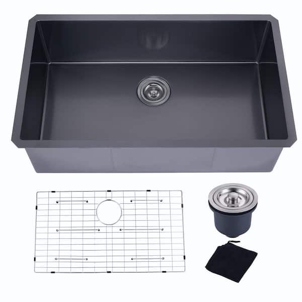 32"x19"x10" Drop in Single Bowl 16 Gauge Black Stainless Steel Kitchen Sink with Bottom Grids and Basket Strainer
