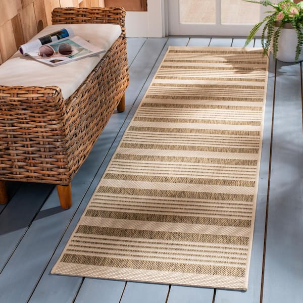 Courtyard Brown/Bone 2 ft. x 12 ft. Striped Indoor/Outdoor Patio  Runner Rug