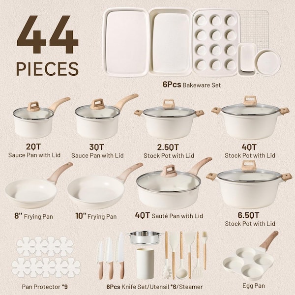 Wudkey 44-Piece Nonstick Aluminum Cookware Set in White, Induction