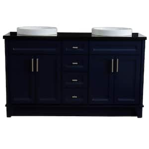 61 in. W x 22 in. D Double Bath Vanity in Blue with Granite Vanity Top in Black Galaxy with White Round Basins