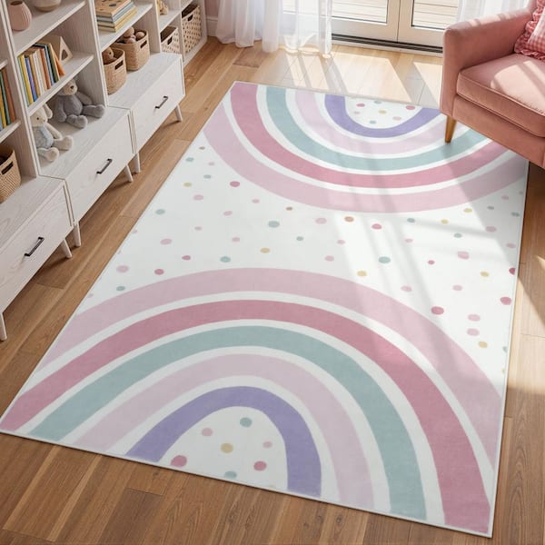 Rainbow Polka Dot Washable Non-Slip Pink 4 ft. x 6 ft. Kid Area Rug
