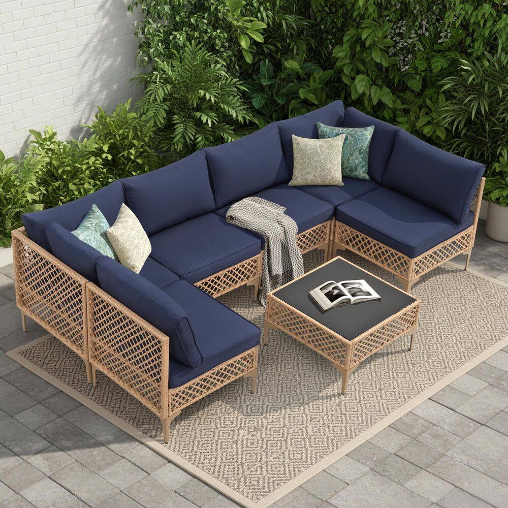Brown 7-Piece Wicker Outdoor Patio Conversation Sectional Seating Set with Coffee Table and Navy Blue Cushions price history on PriceWatchPro