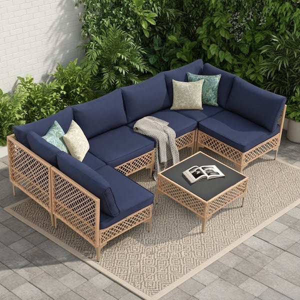 Brown 7-Piece Wicker Outdoor Patio Conversation Sectional Seating Set with Coffee Table and Navy Blue Cushions