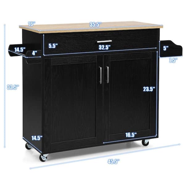 Costway Black Wood Base with Mdf Wood Top Rolling Kitchen Island (16-in x 45.5-in x 33.5-in)