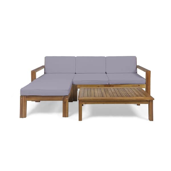 Noble House Santa Ana Teak Brown 5-Piece Wood Outdoor Patio Conversation Sectional Seating Set with Dark Grey Cushions