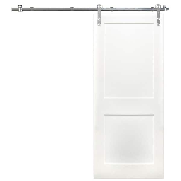 Pacific Entries 36 in. x 84 in. Shaker 2-Panel Primed Wood Interior Sliding Barn Door with Round Stainless Steel Hardware Kit