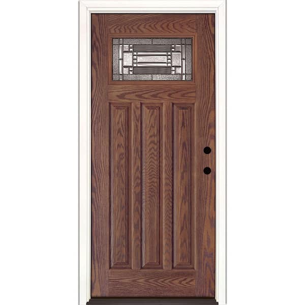 Feather River Doors 37.5 in. x 81.625 in. Preston Patina Craftsman 1/4 Lite Stained Medium Oak LH Inswing Fiberglass Prehung Front Door